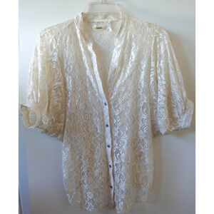 Guess Blouse Womens Small White Sheer Lace Button Up Puff Sleeve Romantic Top